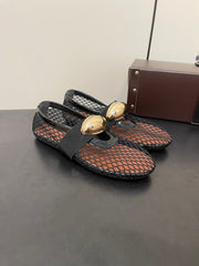 ALAIA BALLET FLATS IN BLACK MESH FISHNET WITH GOLD HARDWARE