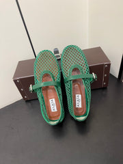 ALAIA BALLET FLATS IN COOL GREEN MESH FISHNET