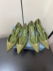 CUT-OUT PUMPS WITH BEAD BUCKLE IN OLIVE GREEN SATIN