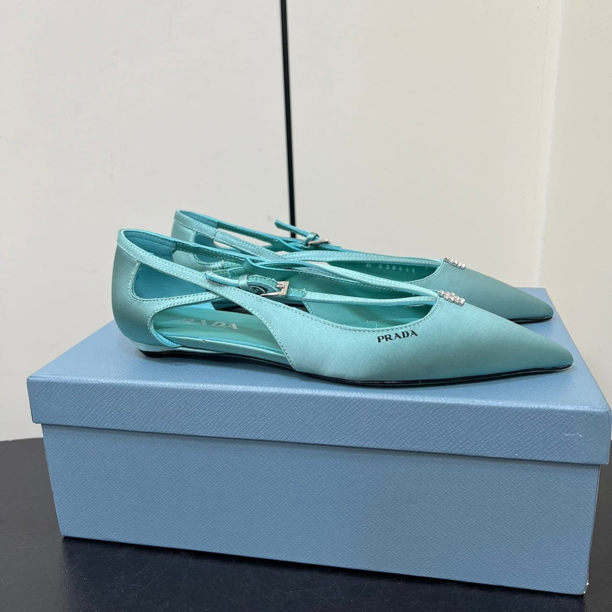CUT-OUT BALLERINA FLAT IN TURQUOISE BLUE SATIN ATTACHED BEAD BUCKLE