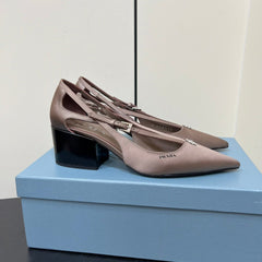 CUT-OUT PUMPS WITH BEAD BUCKLE IN HAZELNUT BEIGE SATIN