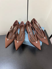 CUT-OUT PUMPS WITH BEAD BUCKLE IN CHOCOLATE BROWN SATIN