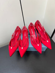 CUT-OUT BALLERINA FLAT IN CLASSIC RED SATIN ATTACHED BEAD BUCKLE