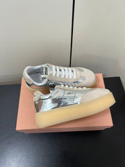 THICK-SOLED RETRO SNEAKERS IN SILVER METALLIC LAMBSKIN AND BEIGE SUEDE