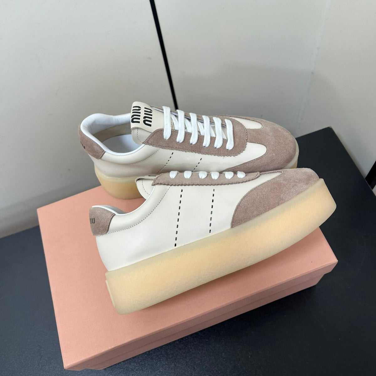 THICK-SOLED RETRO SNEAKERS IN CREAM LAMBSKIN AND PLASTER SUEDE