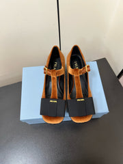 BOW MARY JANE PUMPS WITH T-STRAP IN BRONZE BROWN VELVET