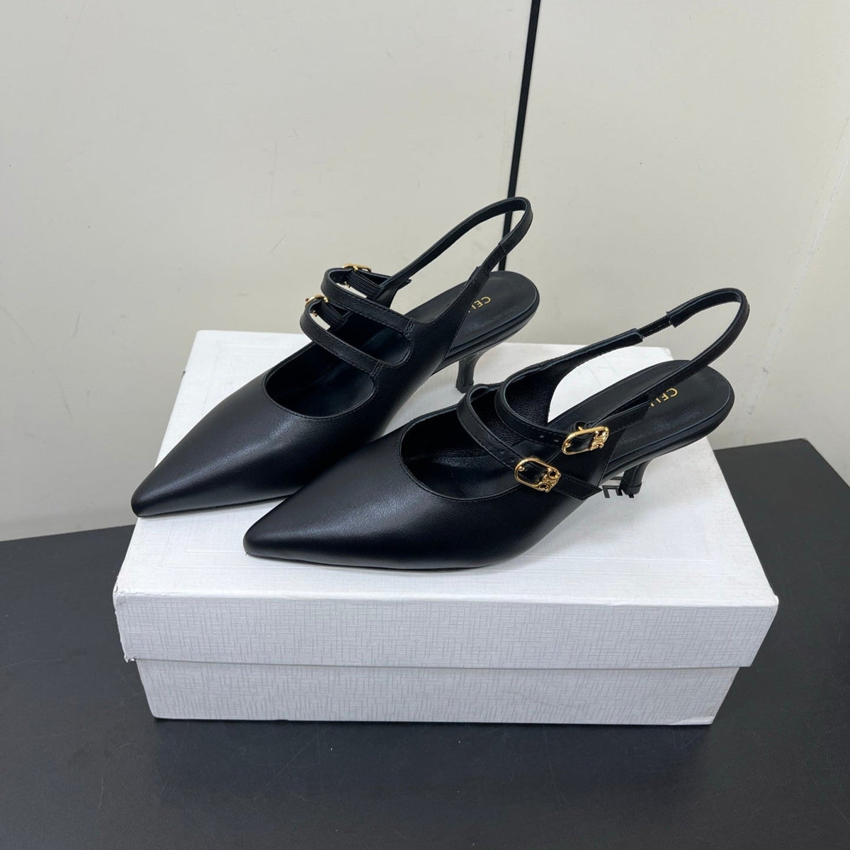 JUDY DOUBLE STRAP MARY JANE SLINGBACK IN BLACK SMOOTH CALFSKIN