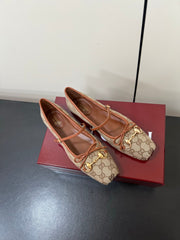 GG MARY JANE 25S IN MINK BROWN CANVAS MIX LAMBSKIN WITH GOLD HARDWARE