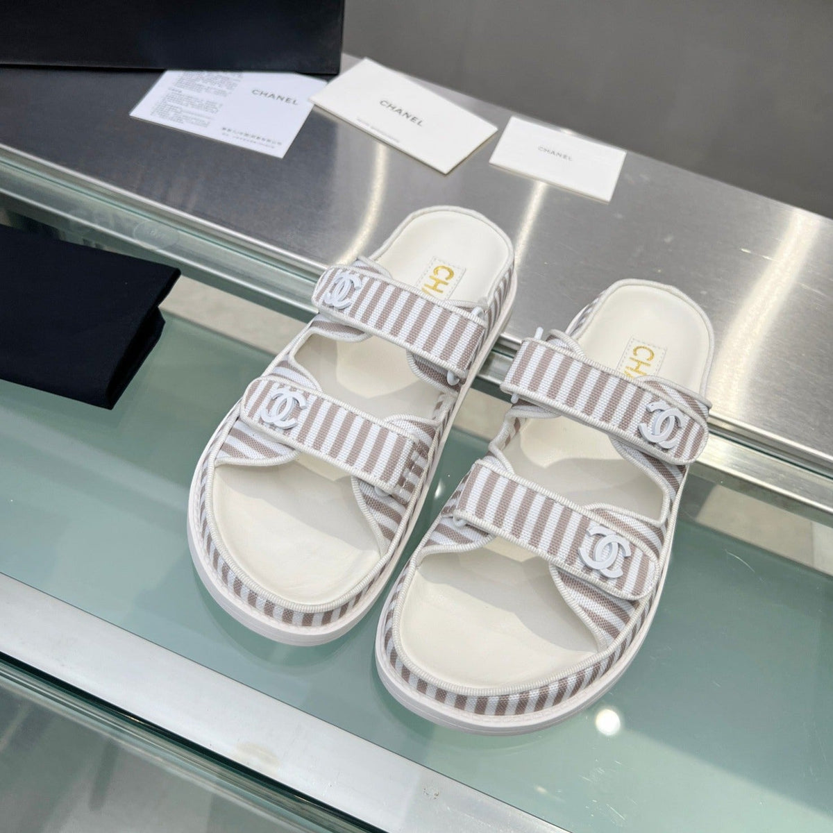 Stripes Casual  Flat Sandals Gray White