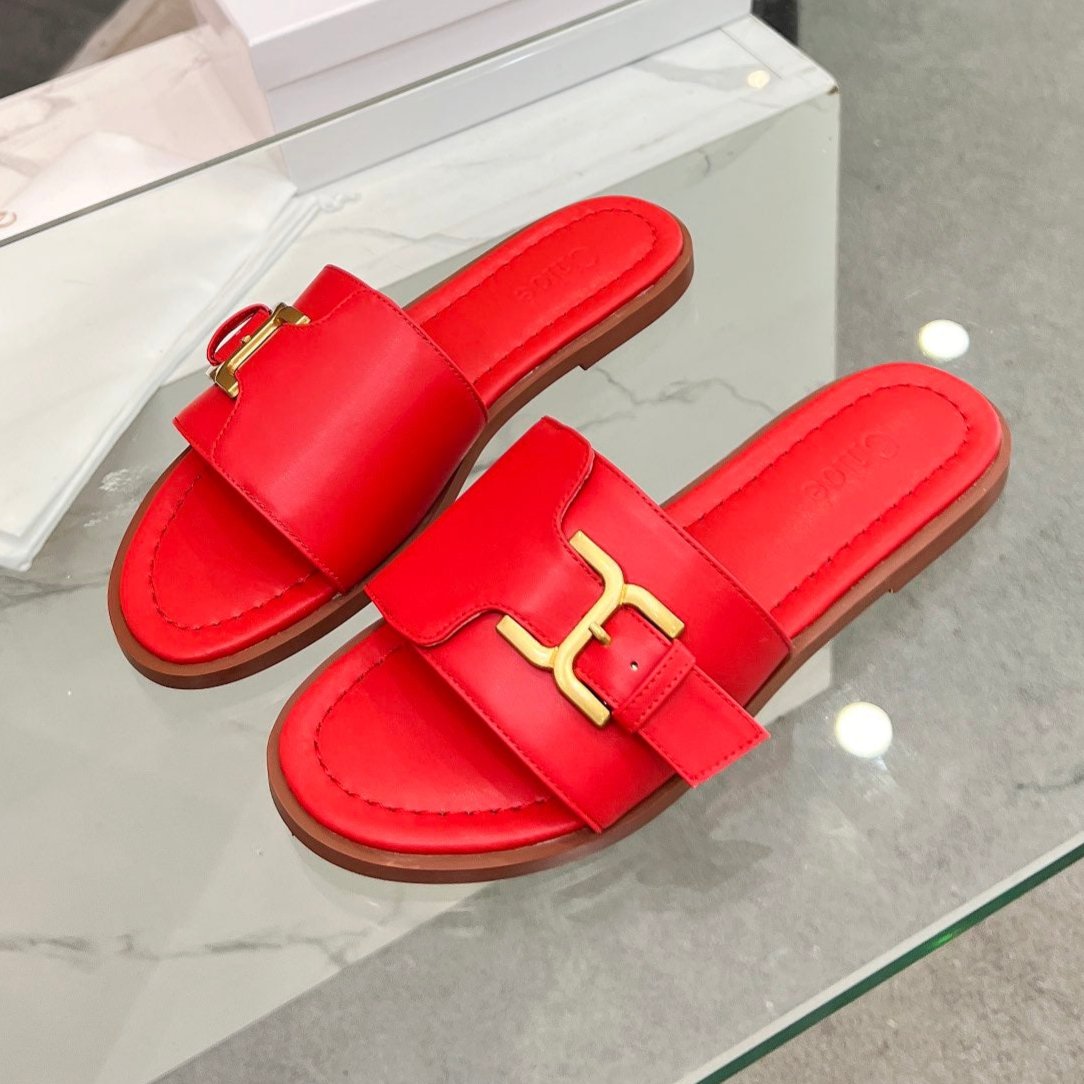HLOE MARCIE SLIDE IN CHERRY RED CALFSKIN WITH GOLD HARDWARE