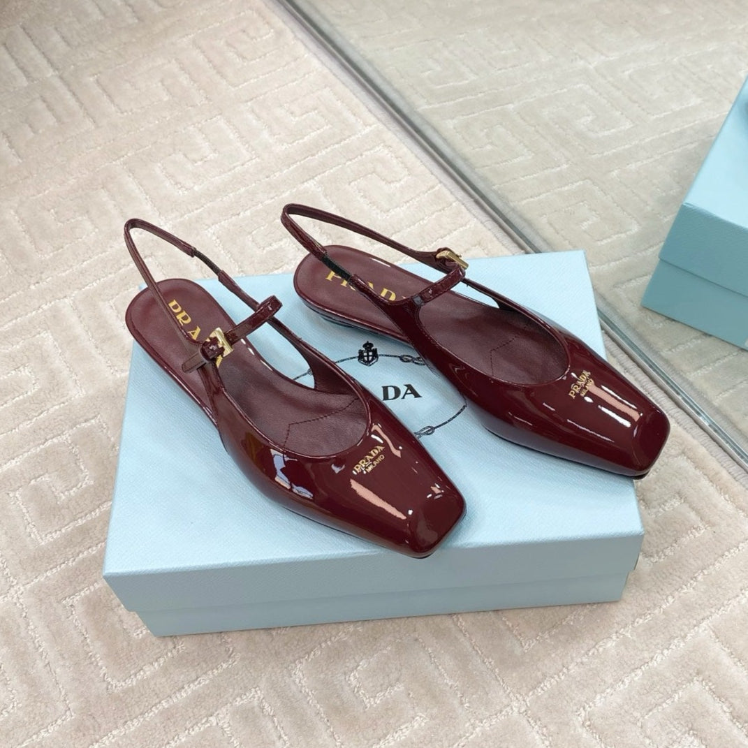 MARY JANE SLINGBACK SQUARE TOE IN BURGUNDY RED PATENT SHEEPSKIN