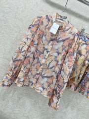 ZIMMER STAND-COLLAR PRINTED STUDDED TOP AND HIGH-WAIST FLARED SKIRT SET