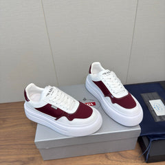 PRADA 25S DOWNTOWN BOLD SNEAKERS 45MM IN WHITE AND BURGUNDY CALFSKIN