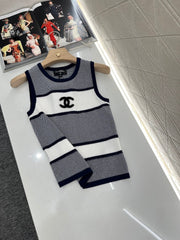 Chanel 25 Tank Top Black White Patchwork Knitted Crewneck