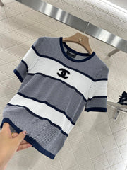 Chanel 25 T-shirt Black White Patchwork Knitted Crewneck