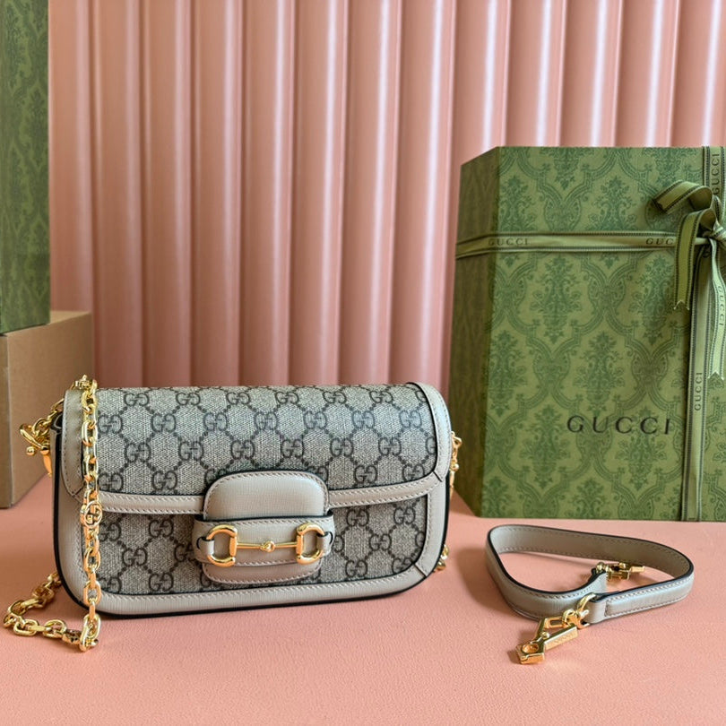 GG HORSEBIT 1955 BAG 24 IN BEIGE CANVAS AND WHITE CALFSKIN