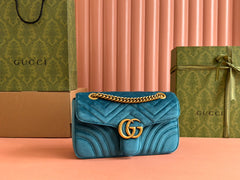 GUCCI 25S GG MARMONT 26 CM IN DEEP TEAL BLUE VELVET WITH GOLD HARDWARE
