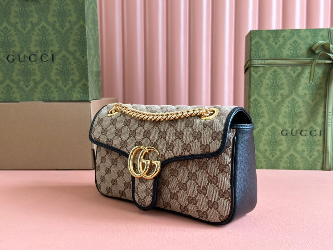 MARMONT MEDIUM SHOULDER BAG 26 IN BEIGE AND BROWN GG CANVAS BLACK CALFSKIN GOLD HARDWARE