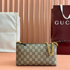 RUBBER EFFECT SMALL WALLET ON CHAIN 22.5 IN BEIGE AND DARK BROWN GG CALFSKIN