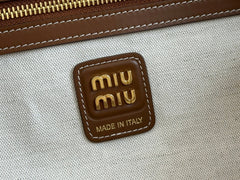 BEAU TOP HANDLE BAG 34 IN WHITE CANVAS AND WALNUT BROWN CALFSKIN TRIM