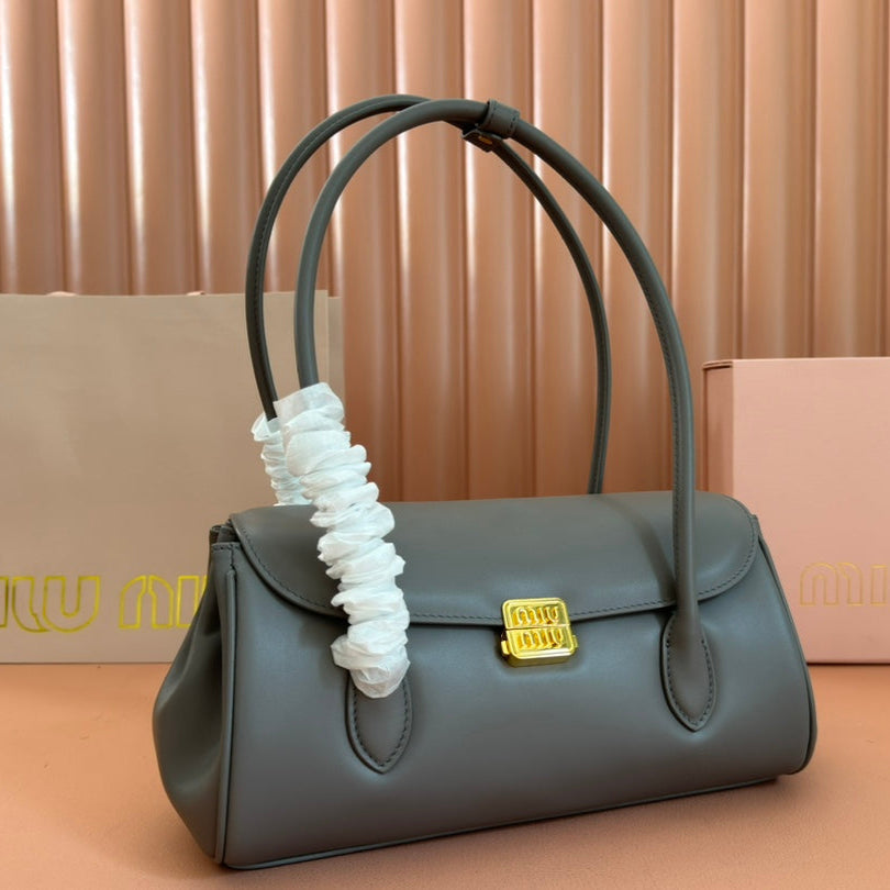BEAU TOP HANDLE BAG 28 IN LAVA GREY GLOSSY CALFSKIN GOLD HARDWARE