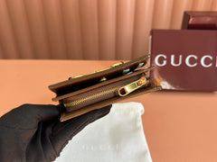 HORSEBIT 1955 CARD CASE WALLET 11.5 IN BEIGE EBONY GG CANVAS BROWN CALFSKIN