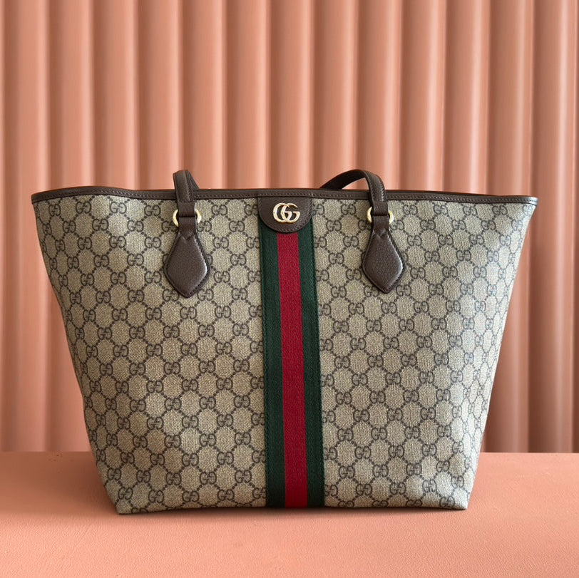 GG OPHIDIA MEDIUM TOTE BAG 31 BEIGE AND DARK BROWN CANVAS