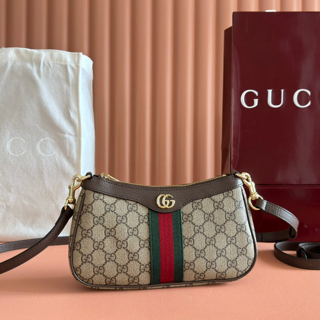 OPHIDIA SMALL SHOULDER BAG 26 IN BEIGE AND DARK BROWN CANVAS