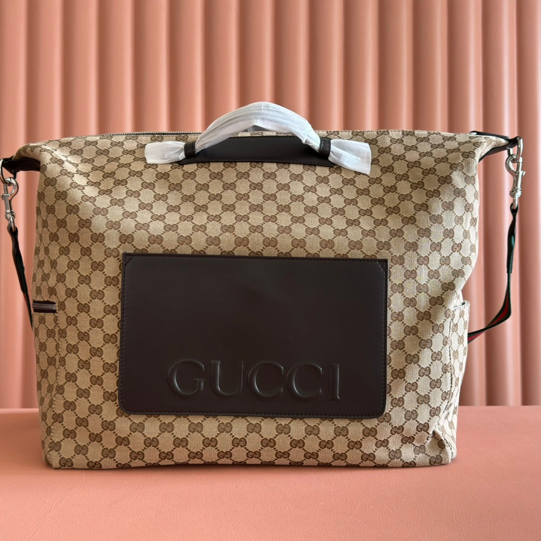 GUCCI 25S OPHIDIA MEDIUM DUFFLE BAG 44 IN BEIGE CANVAS AND BROWN CALFSKIN