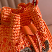 MIUMIU 26S WANDER BUCKET BAG 23 IN ORANGE RAFFIA WITH LEATHER TRIM