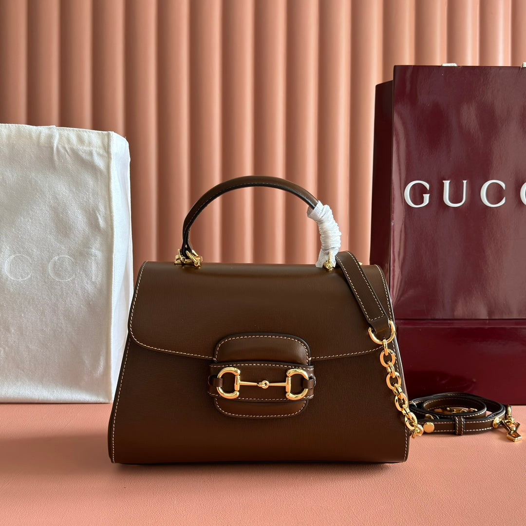 GUCCI 25S HORSEBIT 1955 MEDIUM SHOULDER BAG 22 CM IN BROWN CALFSKIN WITH GOLD HARDWARE