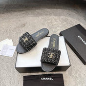 PLATFORM SLIPPERS LOGO IN BLACK TWEED AND LAMBSKIN