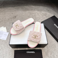 PLATFORM SLIPPERS LOGO IN WHITE MIX PINK TWEED AND LAMBSKIN