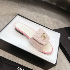 PLATFORM SLIPPERS LOGO IN WHITE MIX PINK TWEED AND LAMBSKIN