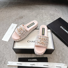 PLASTFORM HEELS IN LIGHT PINK TWEED AND CALFSKIN