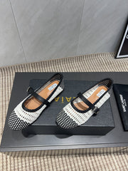 ALAIA MARY JANE FLATS WOVEN PATTERN 25S IN WHITE MIX BLACK CALFSKIN