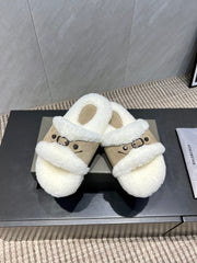 BALENCIAGA 25S SLIPPERS IN DARK BEIGE SUEDE AND WHITE WOOL