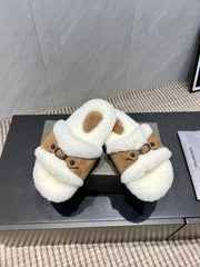 BALENCIAGA 25S SLIPPERS IN LIGHT BROWN SUEDE AND WHITE WOOL