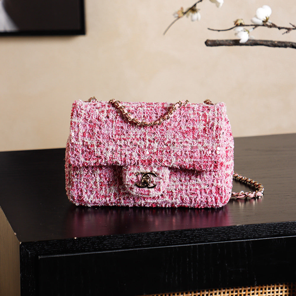 CHANEL 25S FLAP BAG 21 CM IN PINK SEQUINED TWEED WITH GOLD HARDWARE