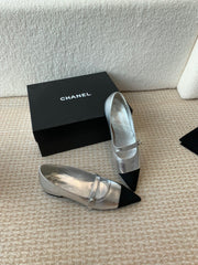 Pointed Toe Mary Jane Shoes Silver Mix Black Lambskin