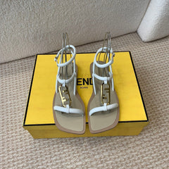 FENDI O'LOCK THONG SANDAL WHITE CALFSKIN WITH GOLD HARDWARE