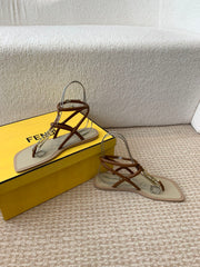 FENDI O'LOCK THONG SANDAL BROWN CALFSKIN WITH GOLD HARDWARE
