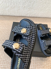 DAD SANDAL IN BLACK MIX WHITE DENIM FABRIC MULE