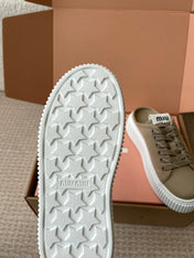 WASH SNEAKER MULES IN DARK BEIGE DENIM STRIPED LACES