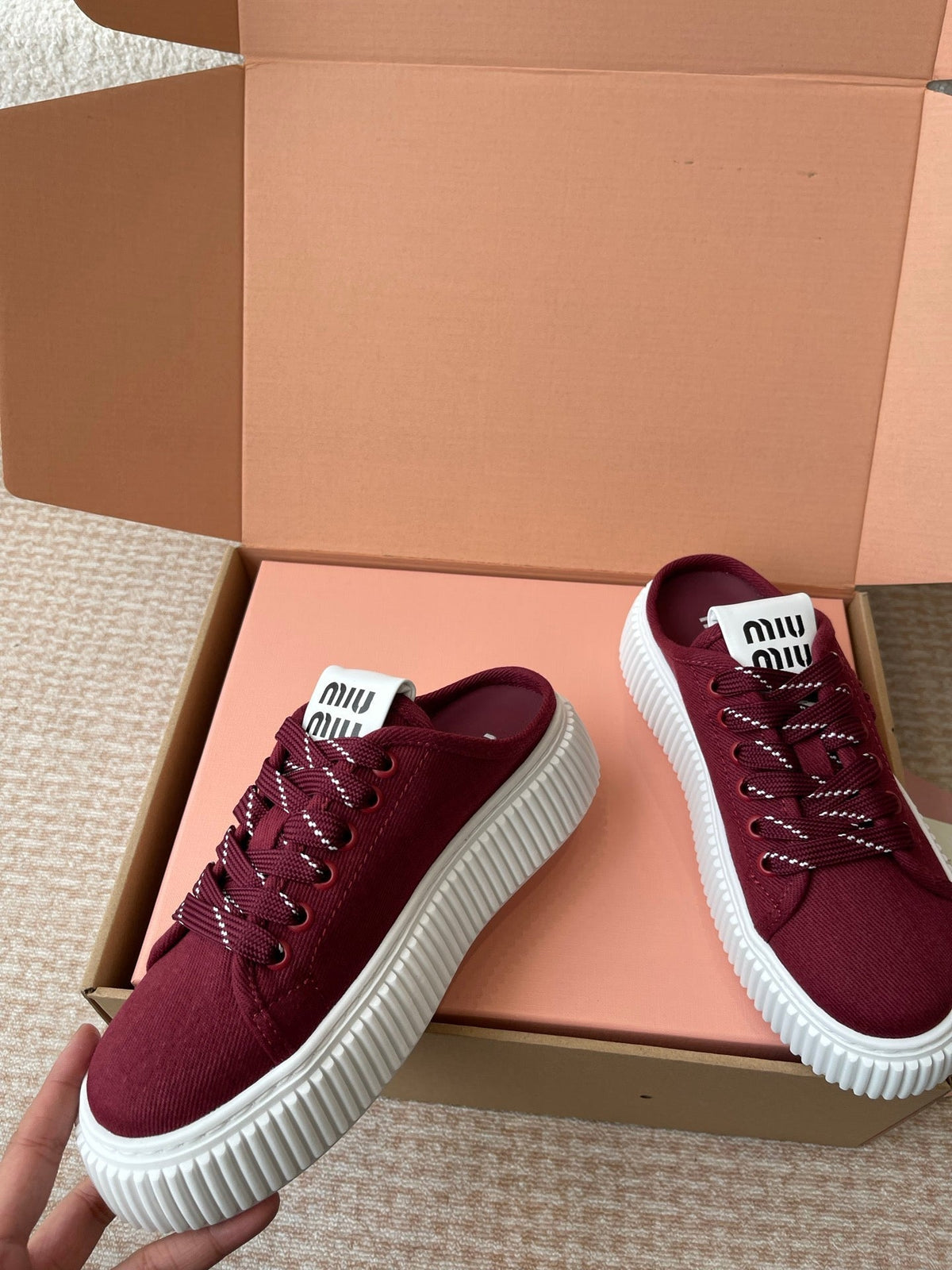 WASH SNEAKER MULES IN BURGUNDY RED DENIM STRIPED LACES