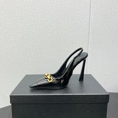 GOLD CHAIN ATTACHED HIGH SLINGBACK IN BLACK GLOSSY CALFSKIN