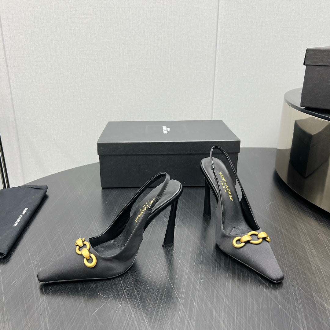 GOLD CHAIN ATTACHED HIGH SLINGBACK IN BLACK SILK