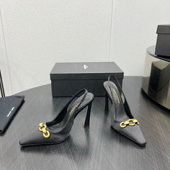 GOLD CHAIN ATTACHED HIGH SLINGBACK IN BLACK SILK