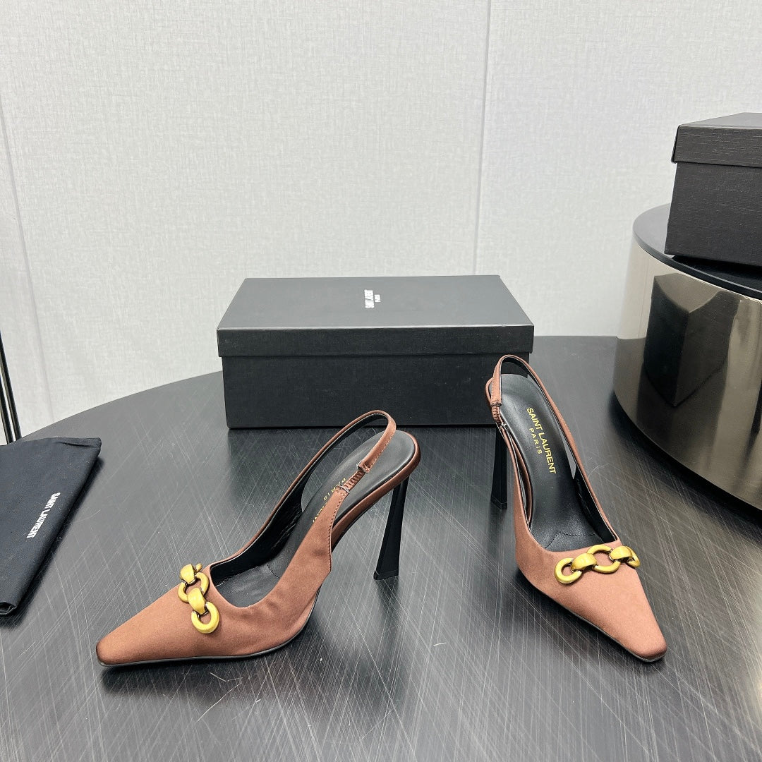 GOLD CHAIN ATTACHED HIGH SLINGBACK IN TOFFEE BROWN SILK