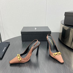 GOLD CHAIN ATTACHED HIGH SLINGBACK IN TOFFEE BROWN SILK